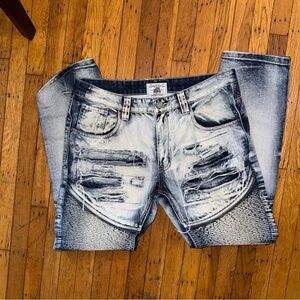 Smoke Rise Men’s Moto Biker Distressed Jeans Size 38x32 Acid Wash Denim